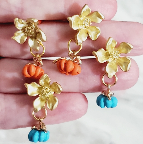 Orange pumpkin earrings 18k gold filigree handmade artisan fall Thanksgiving New - Picture 6 of 6